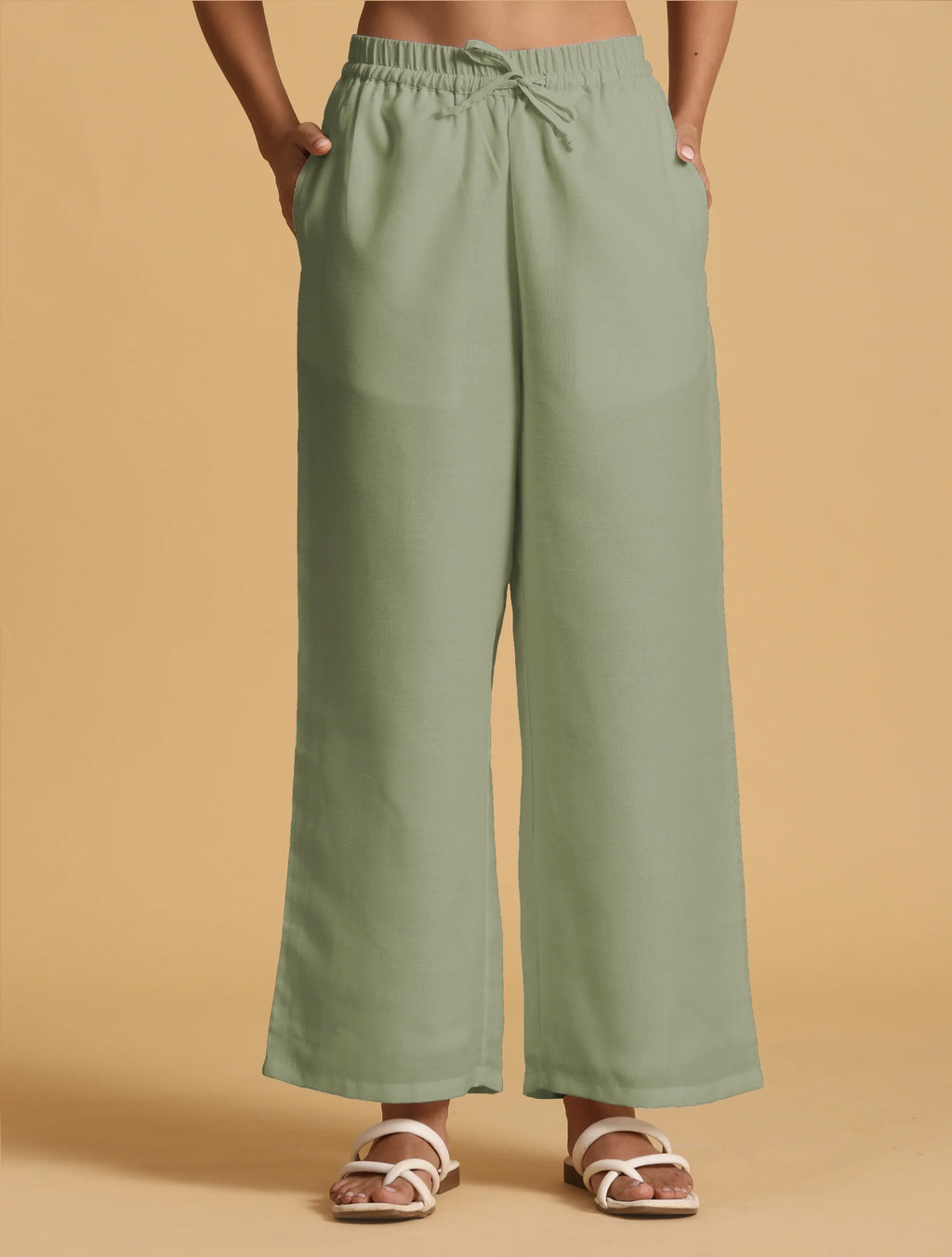 trueBrowns Mint Green Cotton Blend Elasticated Drawstring Straight Pants