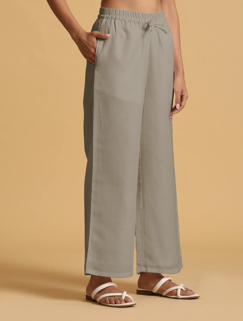 trueBrowns Grey Cotton Blend Elasticated Drawstring Straight Pants