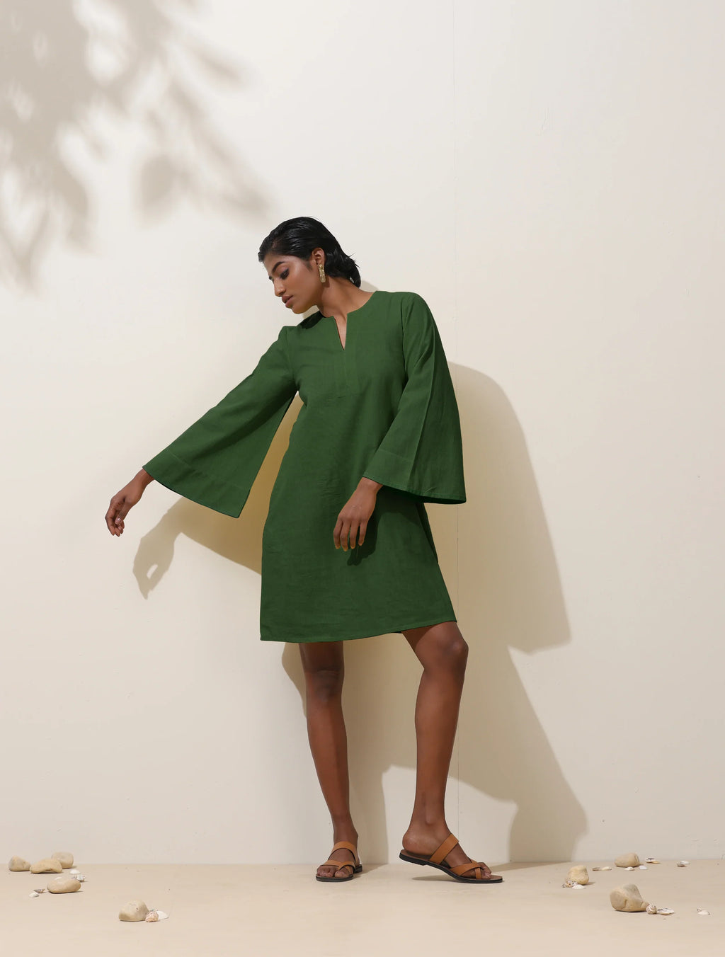 trueBrowns Green Cotton Blend Short Dress - Distacart