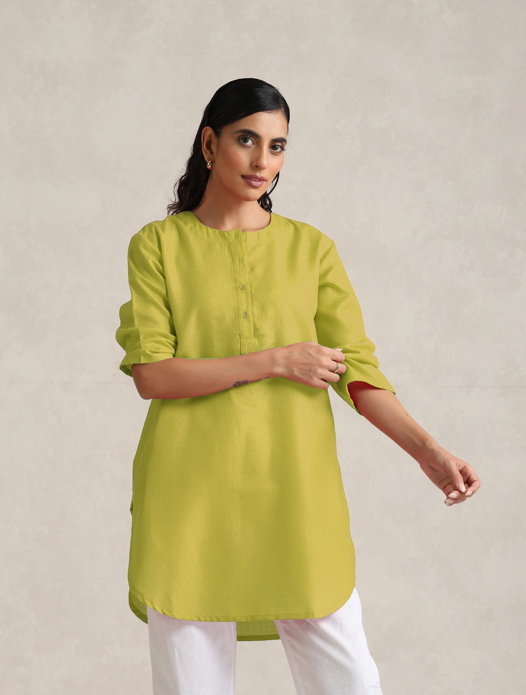 trueBrowns Lime Cotton Blend Short Kurta - Distacart
