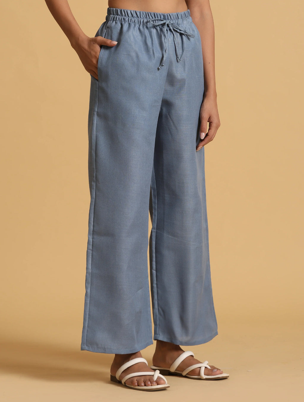 trueBrowns Blue Cotton Blend Elasticated Drawstring Straight Pants