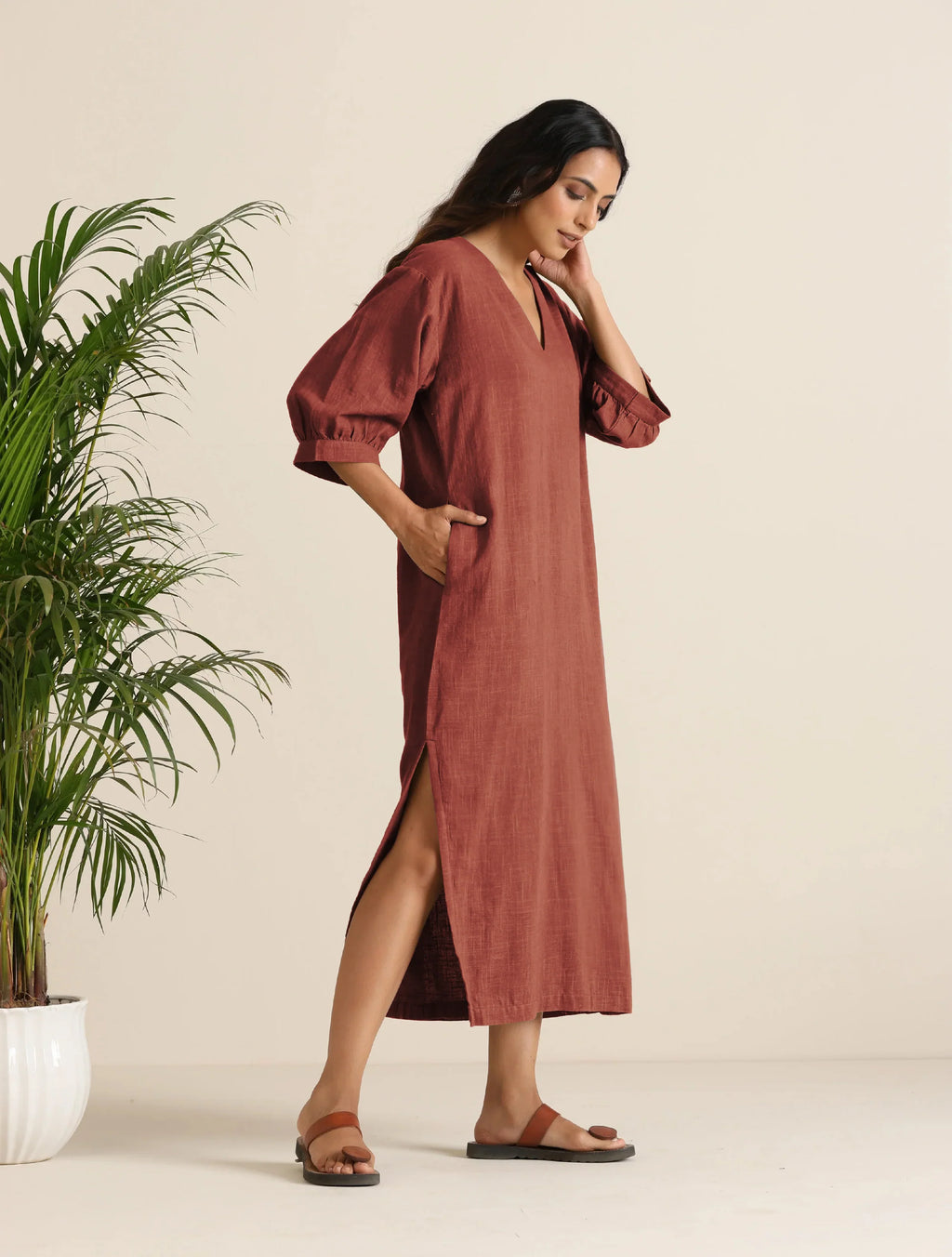 trueBrowns Rust Pink Cotton Blend Long Dress - Distacart