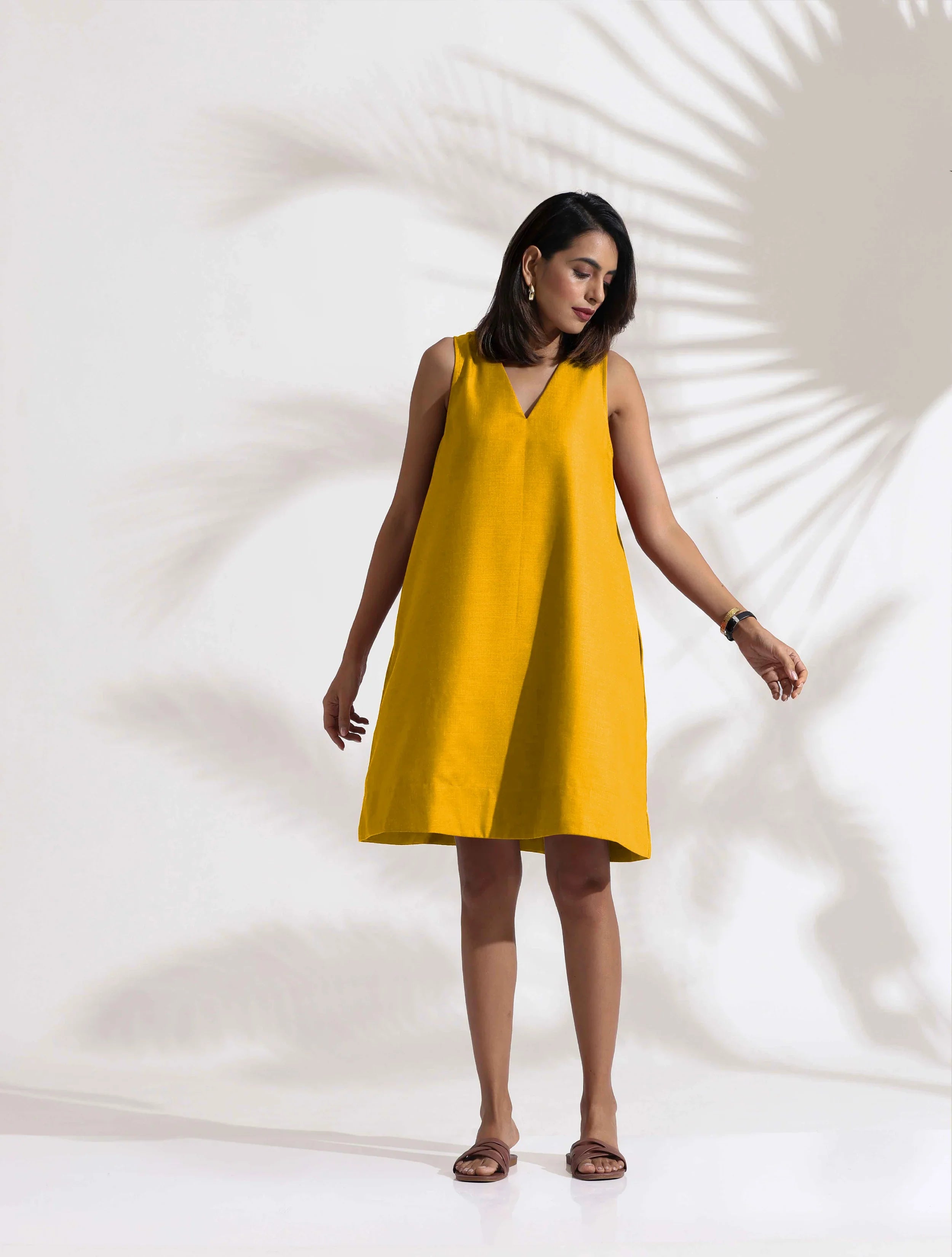 trueBrowns Mustard Cotton Blend Short Dress - Distacart