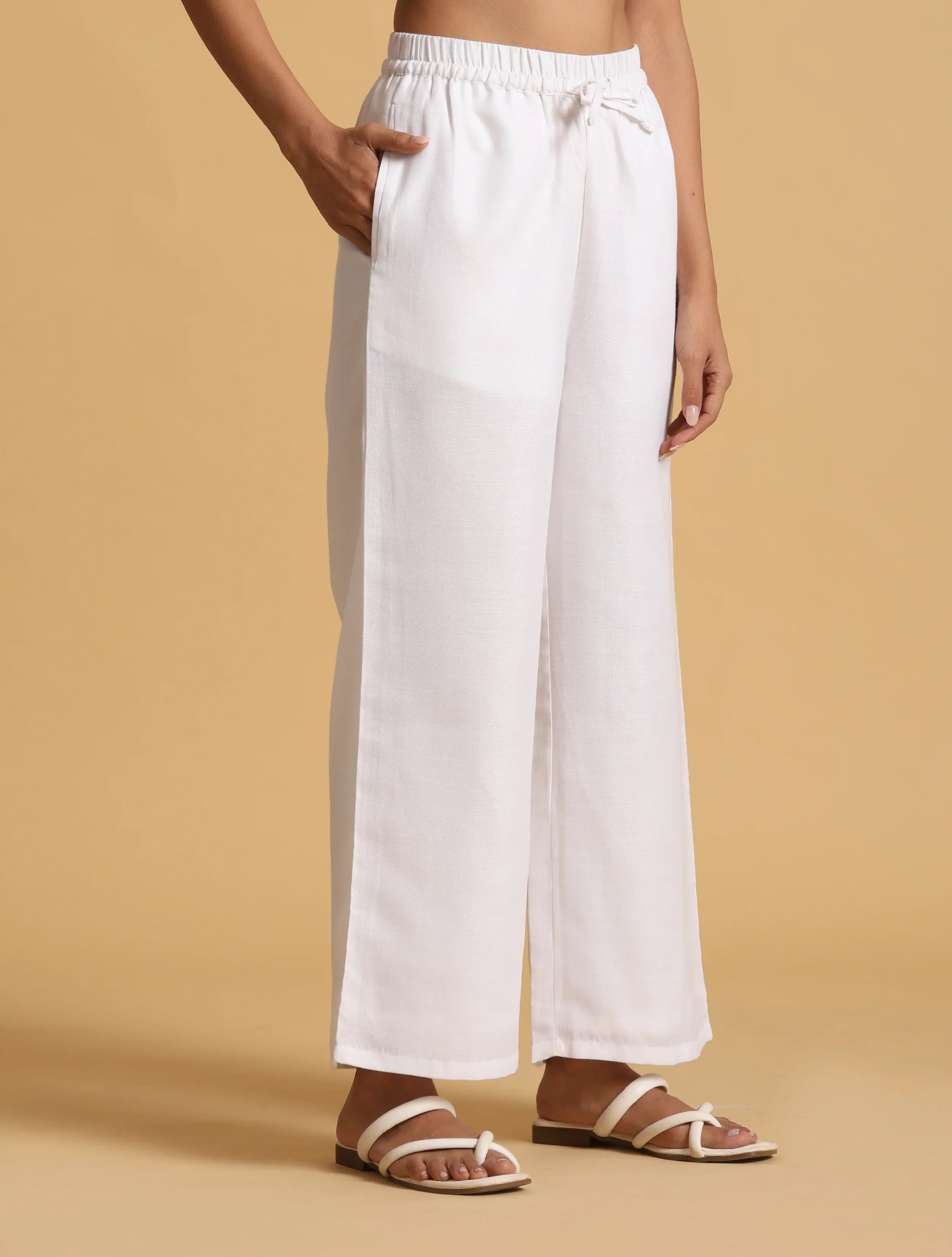 trueBrowns White Cotton Blend Elasticated Drawstring Straight Pants