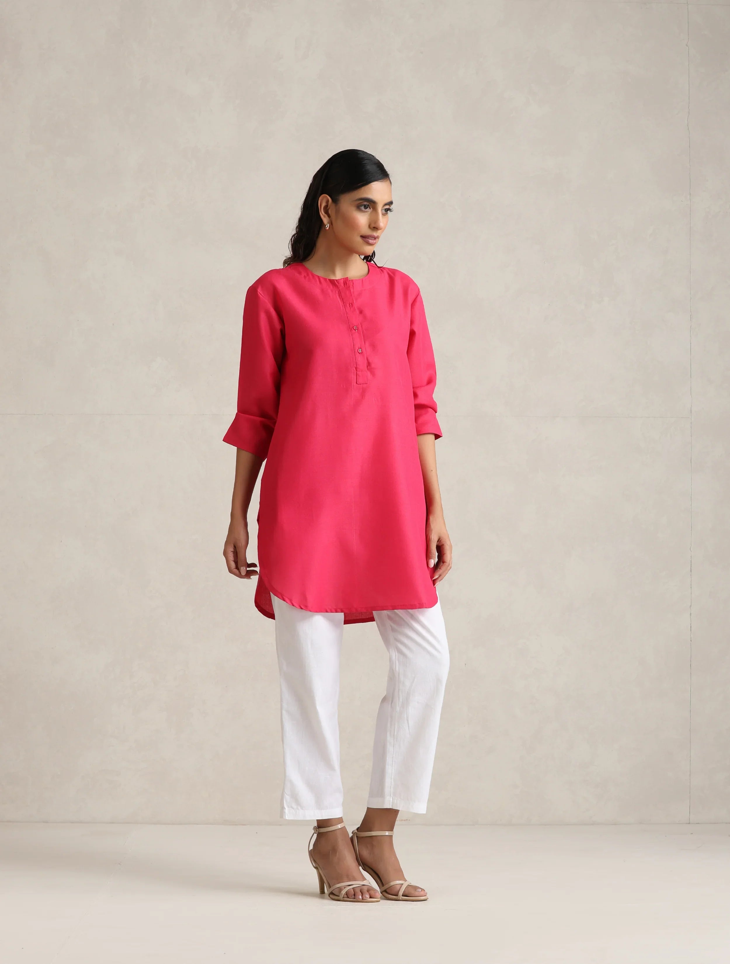 trueBrowns Fuchsia Cotton Blend Short Kurta - Distacart