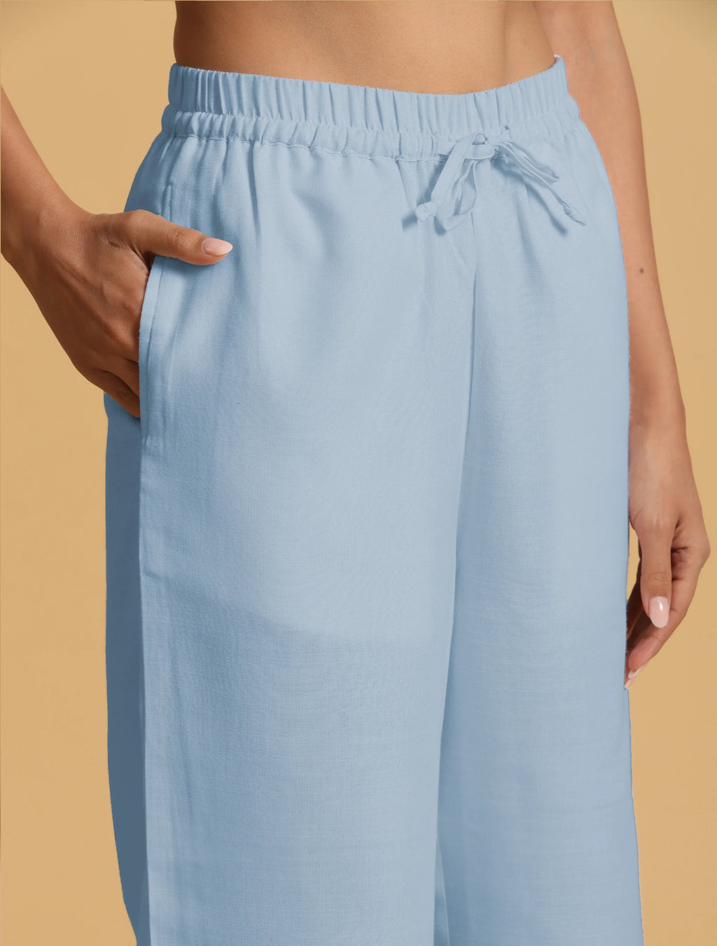 trueBrowns Light Blue Cotton Blend Straight Drawstring Pants