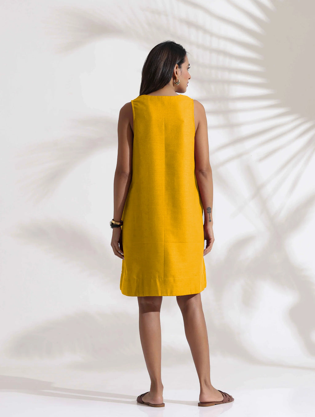 trueBrowns Mustard Cotton Blend Short Dress - Distacart