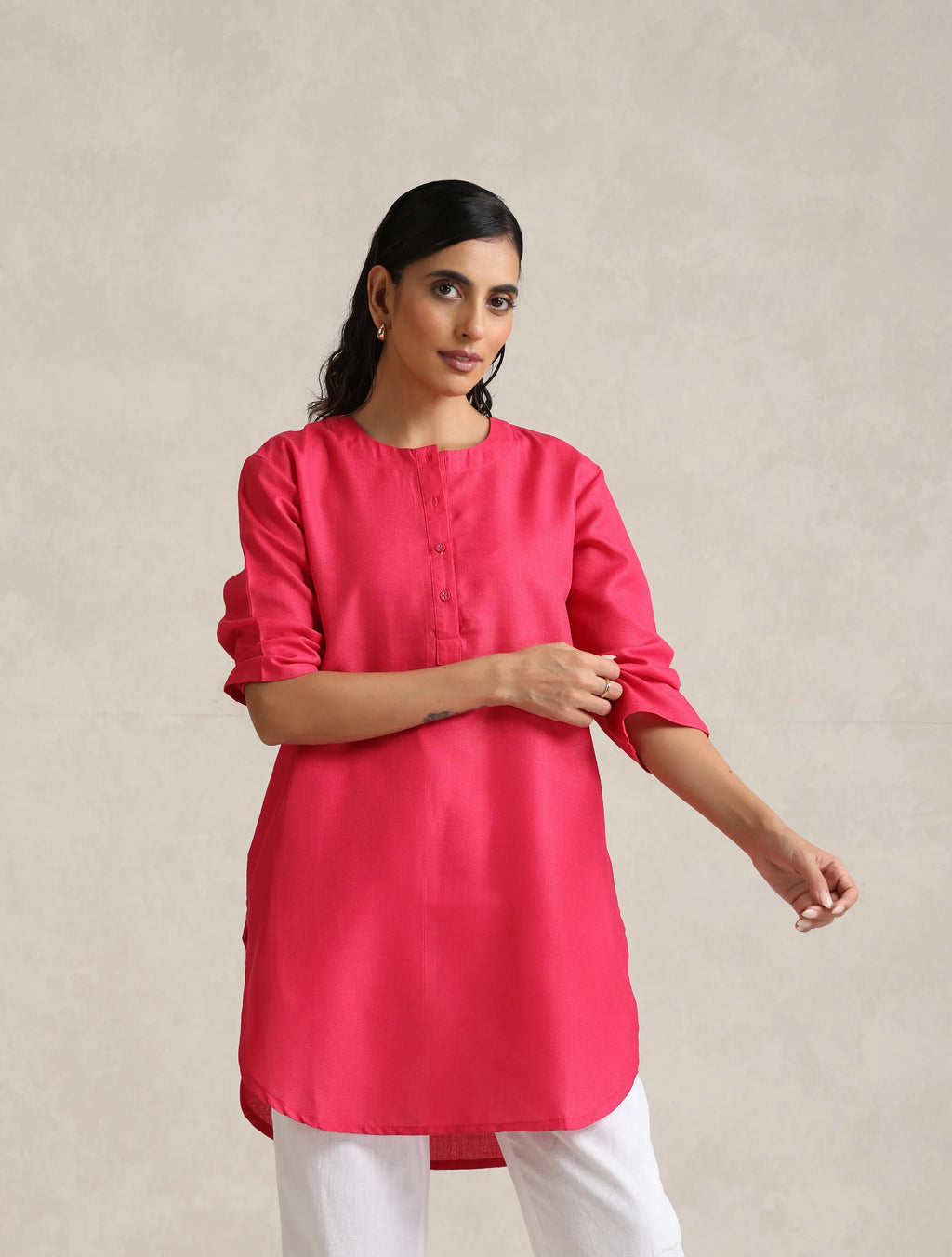 trueBrowns Fuchsia Cotton Blend Short Kurta - Distacart
