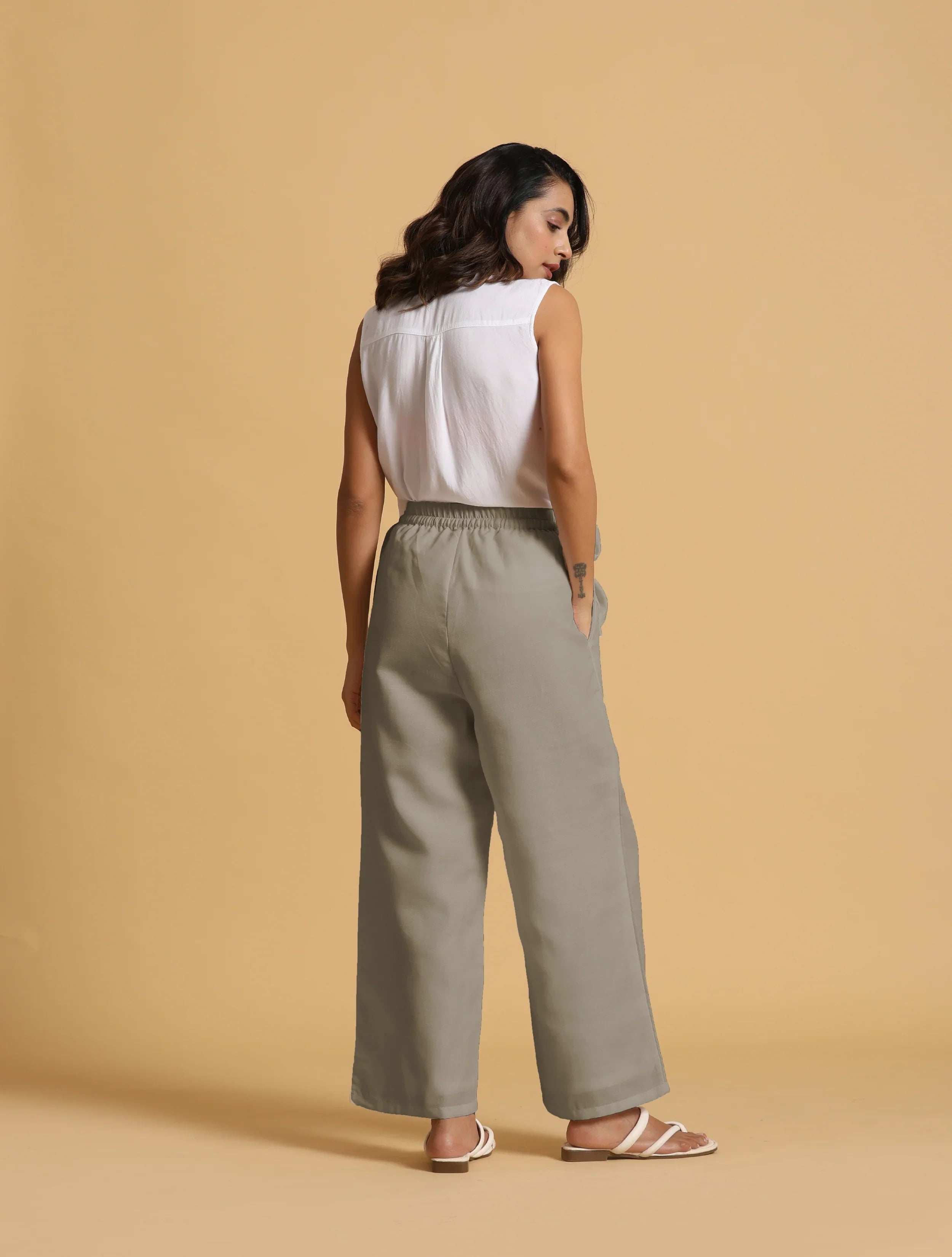 trueBrowns Grey Cotton Blend Elasticated Drawstring Straight Pants