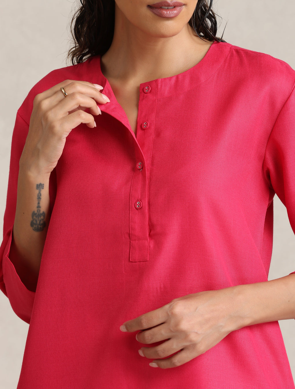 trueBrowns Fuchsia Cotton Blend Short Kurta - Distacart