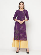 Aniyah Cotton Foil Print Purple Straight Kurta