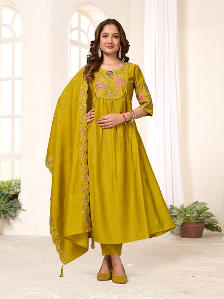 Pramukh Fab Mustard Color Viscose Roman Silk Kurta Set