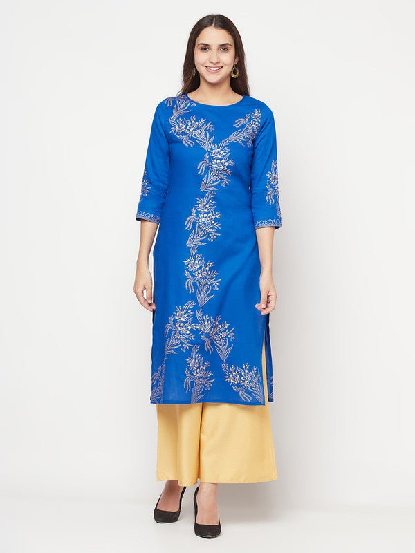 Aniyah Cotton Foil Print Royal Blue Straight Kurta