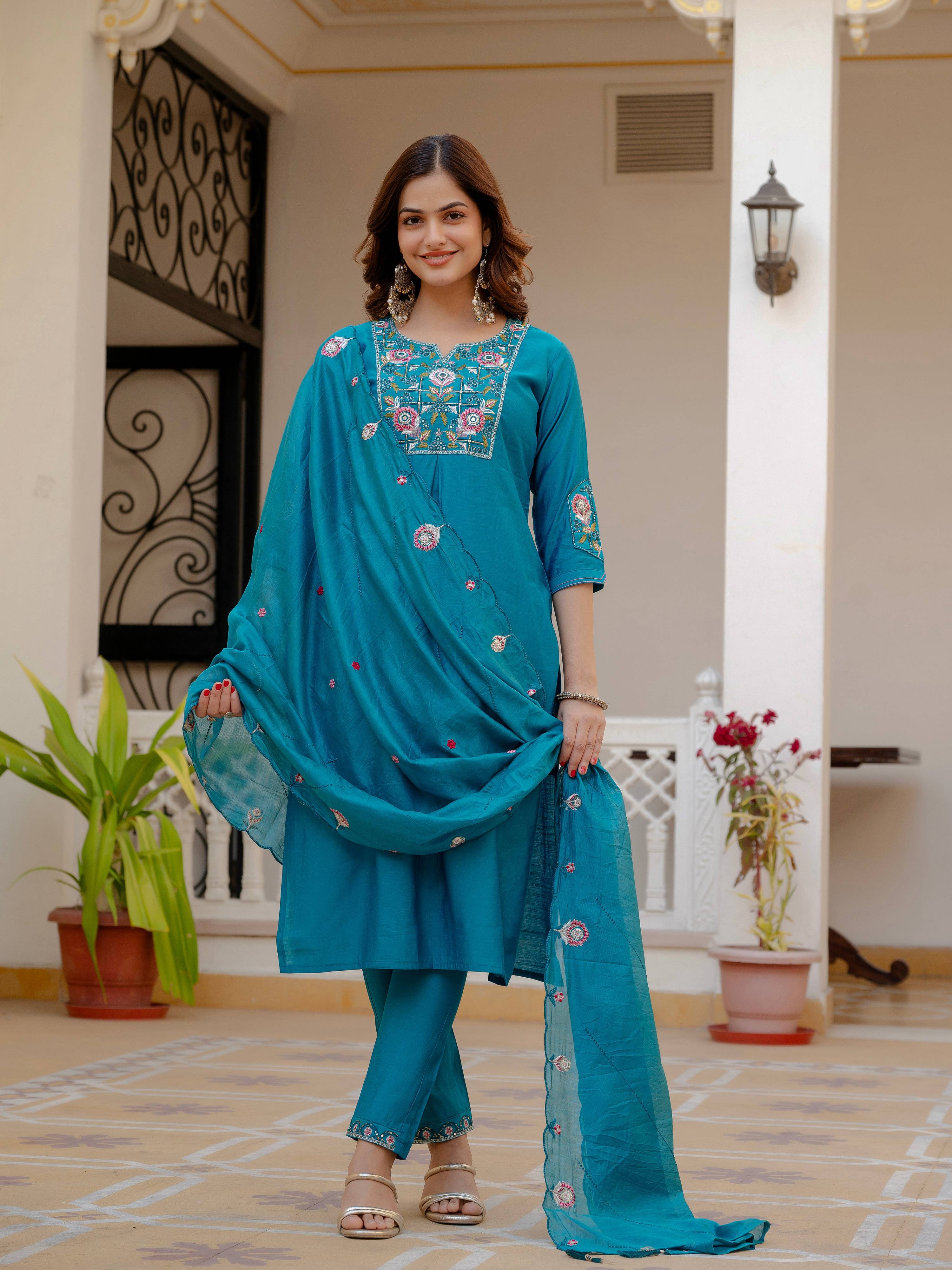 Pramukh Fab Firozi Color Viscose Mango Silk Kurta Set - Distacart