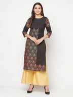 Aniyah Black Color Cotton Block Print Straight Kurta