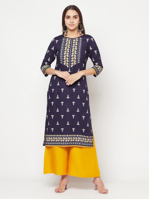 Aniyah Rayon Screen Print Navy Blue Straight Kurta