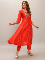 The52 Women's Orange Embroidered Vichitra Silk Fabric Straight Kurta, Pant and Dupatta Set - Distacart
