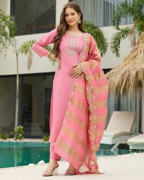 The52 Women's Gorgeous Cotton Blend Embroidery Straight Kurta with Pant And Dupatta Set - Distacart