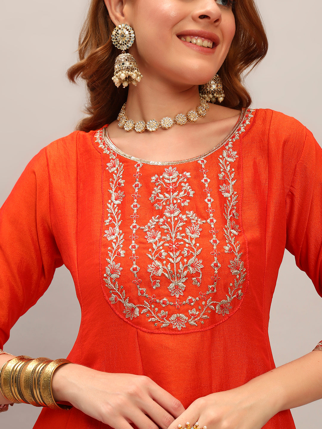 The52 Embroidered Vichitra Silk Fabric Straight Kurta, Pant and Dupatta Set - Distacart