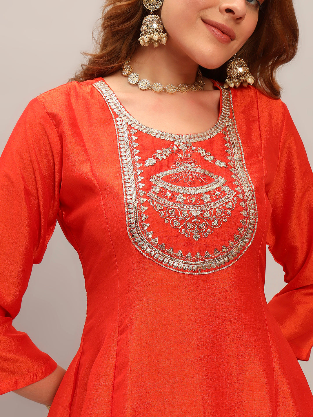 The52 Women's Orange Embroidered Vichitra Silk Fabric Straight Kurta, Pant and Dupatta Set - Distacart