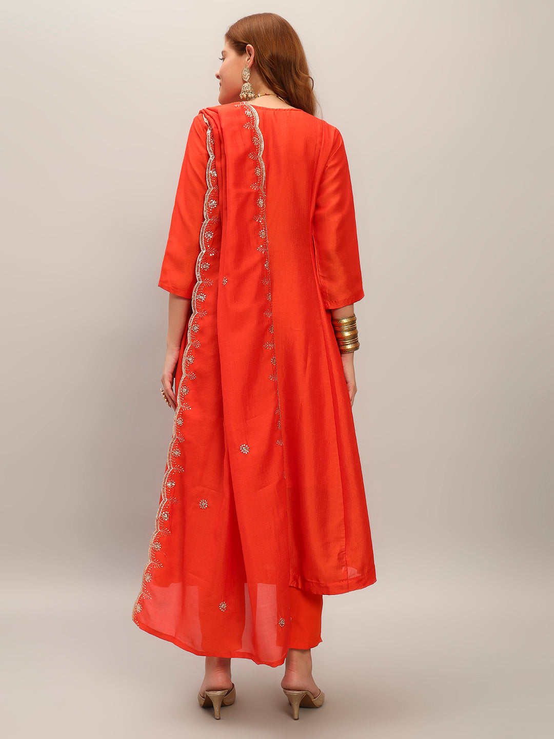 The52 Women's Orange Embroidered Vichitra Silk Fabric Straight Kurta, Pant and Dupatta Set - Distacart