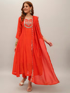 The52 Women's Orange Embroidered Vichitra Silk Fabric Straight Kurta, Pant and Dupatta Set - Distacart