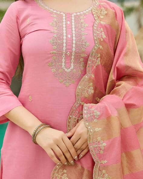 The52 Women's Gorgeous Cotton Blend Embroidery Straight Kurta with Pant And Dupatta Set - Distacart