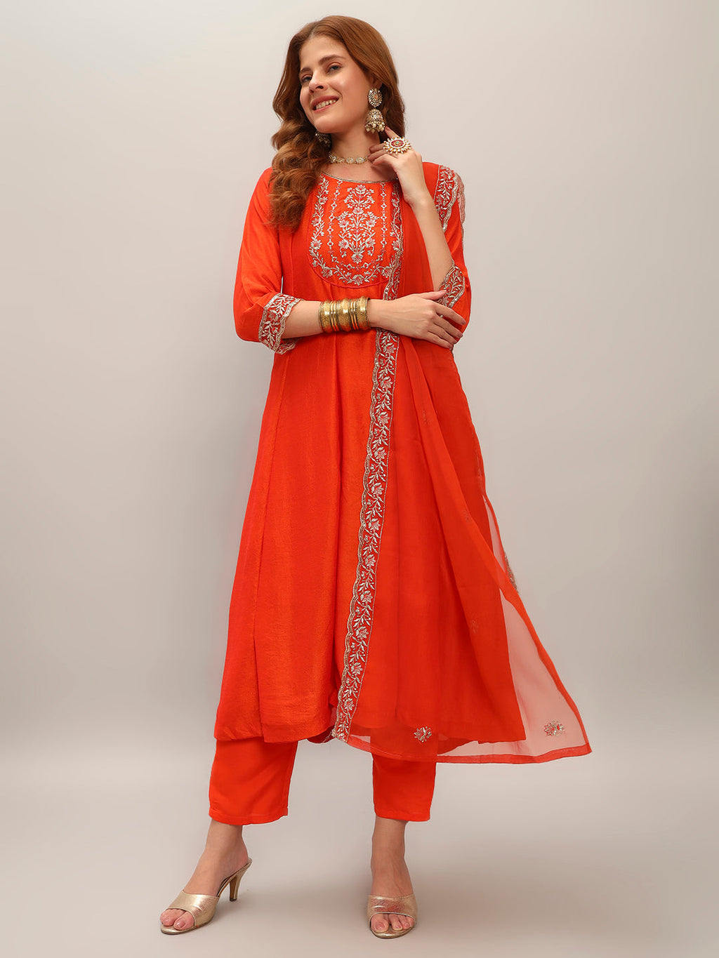 The52 Embroidered Vichitra Silk Fabric Straight Kurta, Pant and Dupatta Set - Distacart