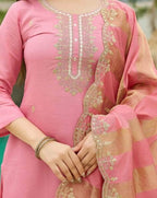 The52 Women's Gorgeous Cotton Blend Embroidery Straight Kurta with Pant And Dupatta Set - Distacart