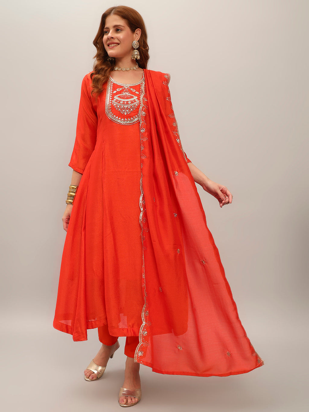 The52 Women's Orange Embroidered Vichitra Silk Fabric Straight Kurta, Pant and Dupatta Set - Distacart