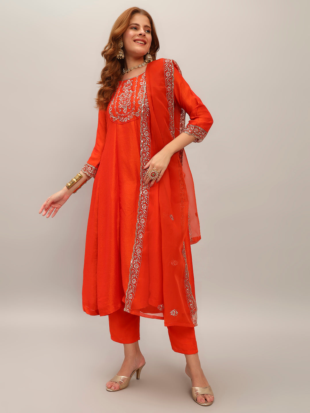 The52 Embroidered Vichitra Silk Fabric Straight Kurta, Pant and Dupatta Set - Distacart