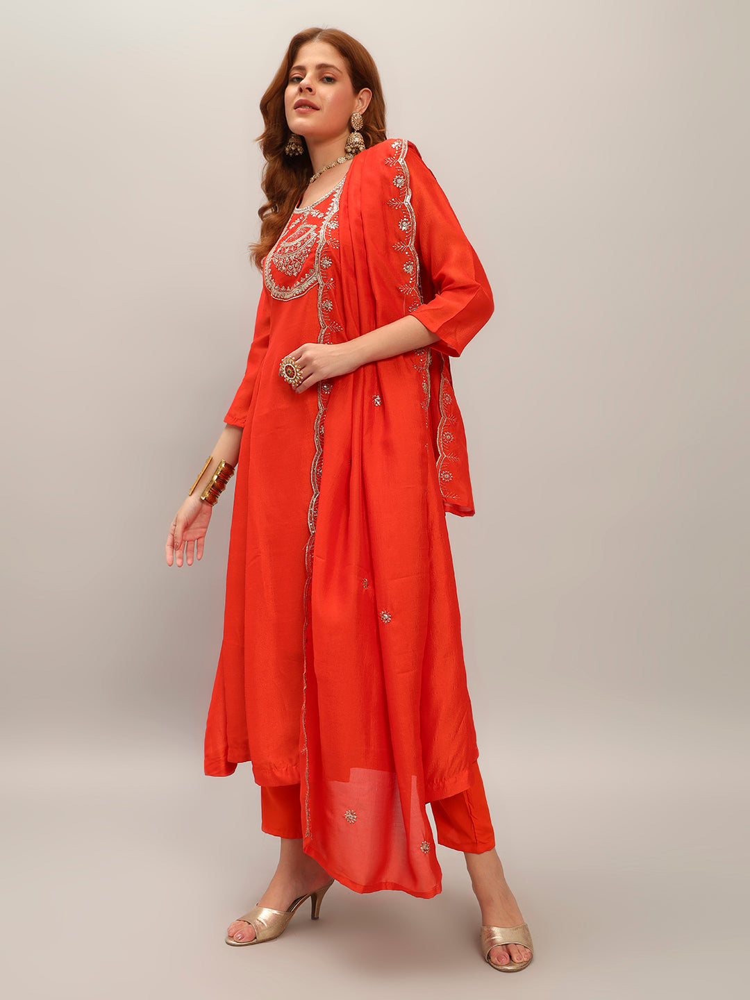 The52 Women's Orange Embroidered Vichitra Silk Fabric Straight Kurta, Pant and Dupatta Set - Distacart