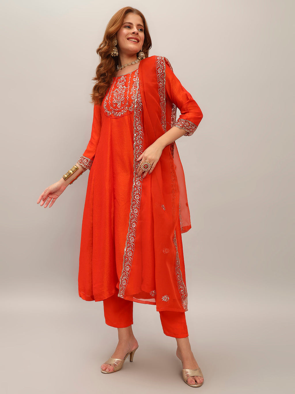 The52 Embroidered Vichitra Silk Fabric Straight Kurta, Pant and Dupatta Set - Distacart