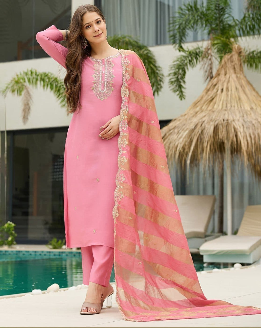 The52 Women's Gorgeous Cotton Blend Embroidery Straight Kurta with Pant And Dupatta Set - Distacart