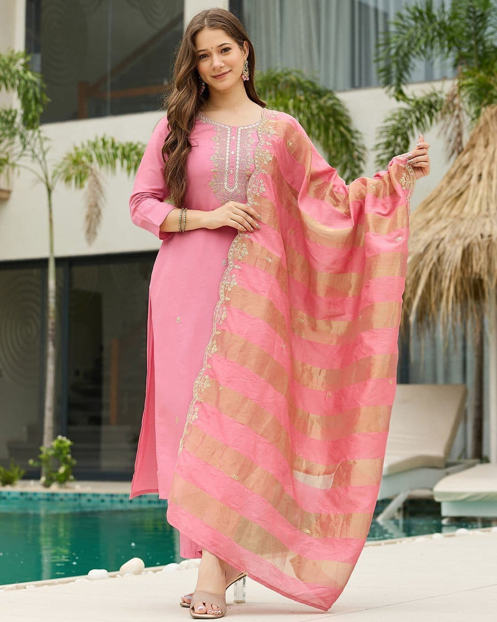 The52 Women's Gorgeous Cotton Blend Embroidery Straight Kurta with Pant And Dupatta Set - Distacart