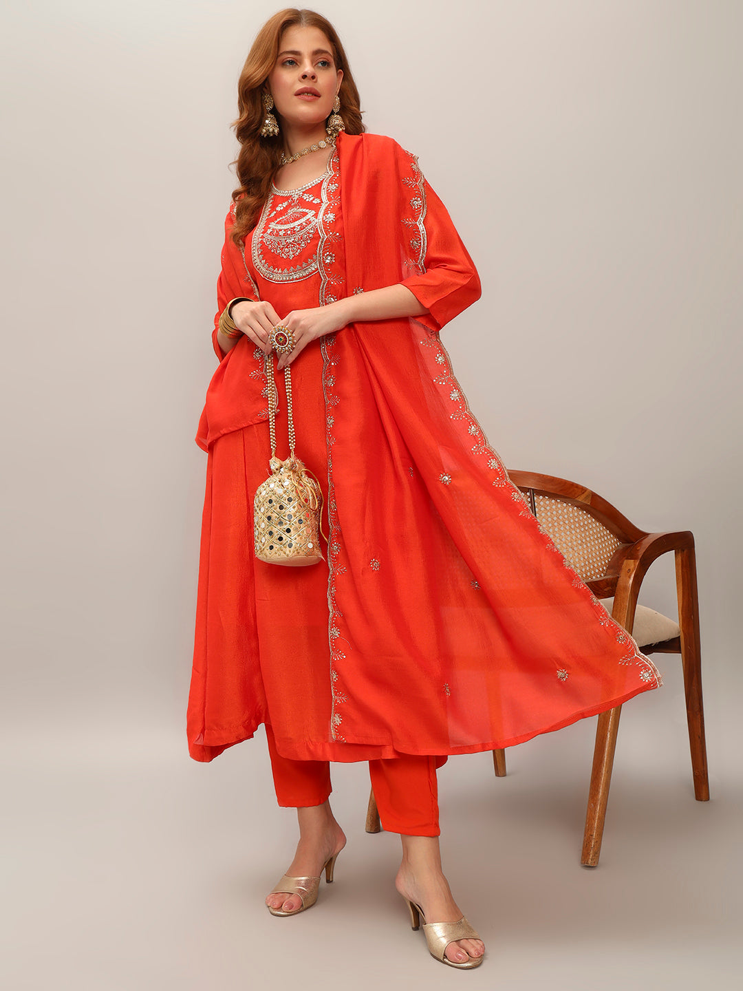 The52 Women's Orange Embroidered Vichitra Silk Fabric Straight Kurta, Pant and Dupatta Set - Distacart