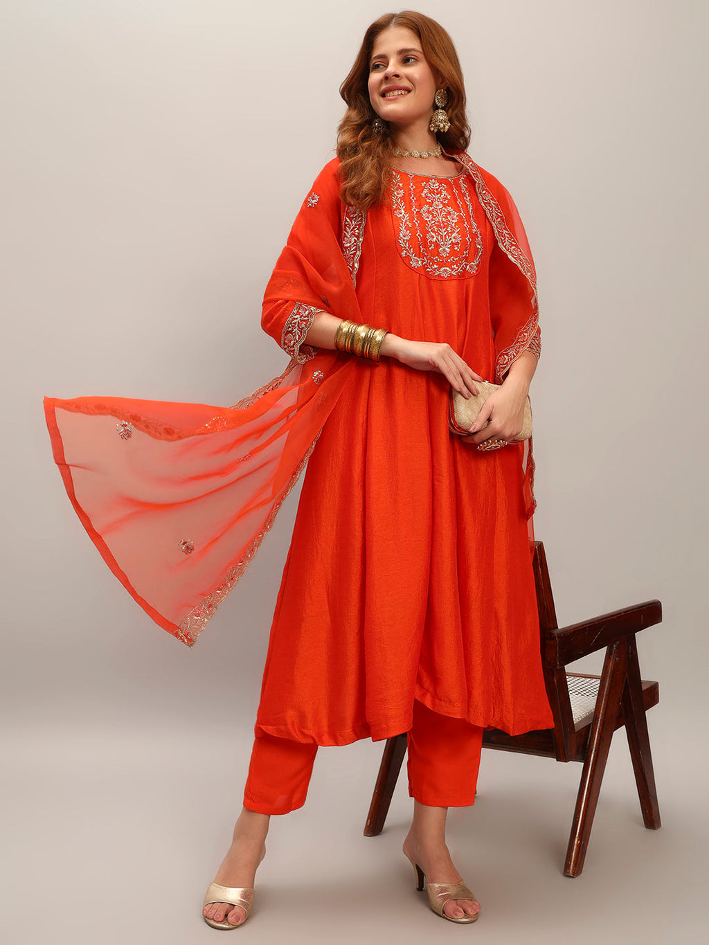 The52 Embroidered Vichitra Silk Fabric Straight Kurta, Pant and Dupatta Set - Distacart