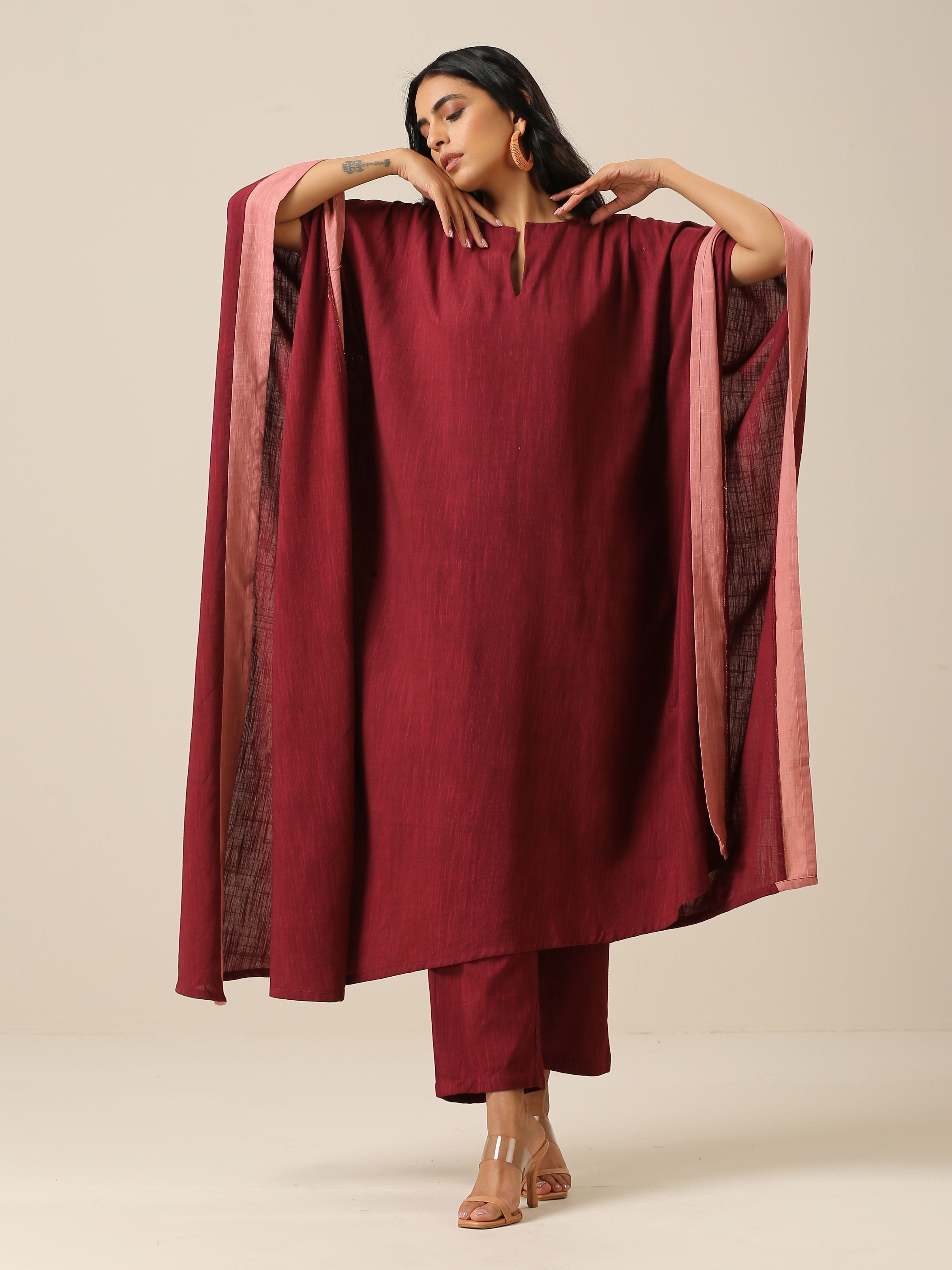 trueBrowns Ruby Wine Slub Texture High Low Kaftan Pant Set | Relove - Distacart