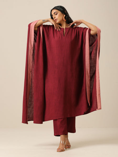 trueBrowns Ruby Wine Slub Texture High Low Kaftan Pant Set | Relove