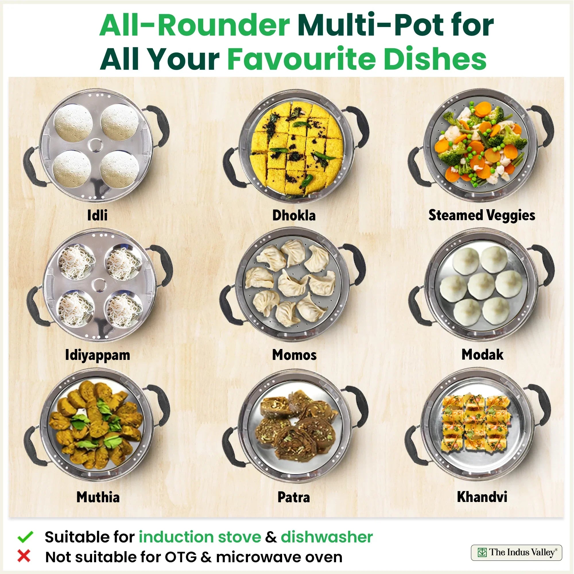 The Indus Valley 8 Pit Tri-Steel Multi Pot Premium Stainless Steel Idli/ Dhokla/ Momo Maker/ Veg Steaming Set, Tri-ply Induction Bottom, 5 Plates, 3L