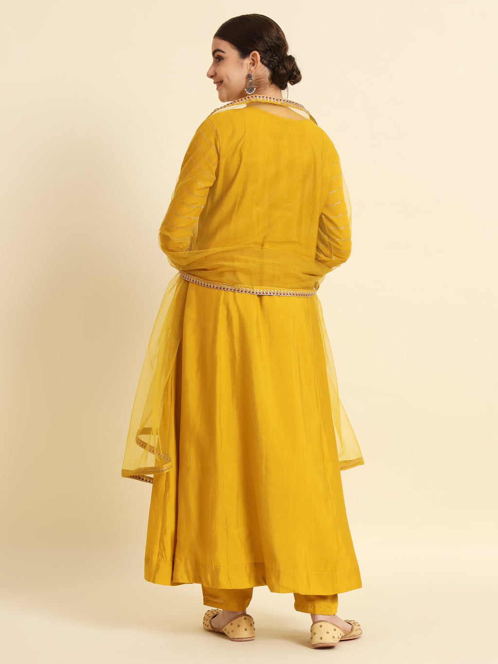 The52 Sequence Embroidered Plating Work Mustard Yellow Pure Chanderi Silk Flare Kurta With Pant & Dupatta Set - Distacart