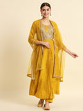The52 Sequence Embroidered Plating Work Mustard Yellow Pure Chanderi Silk Flare Kurta With Pant & Dupatta Set - Distacart
