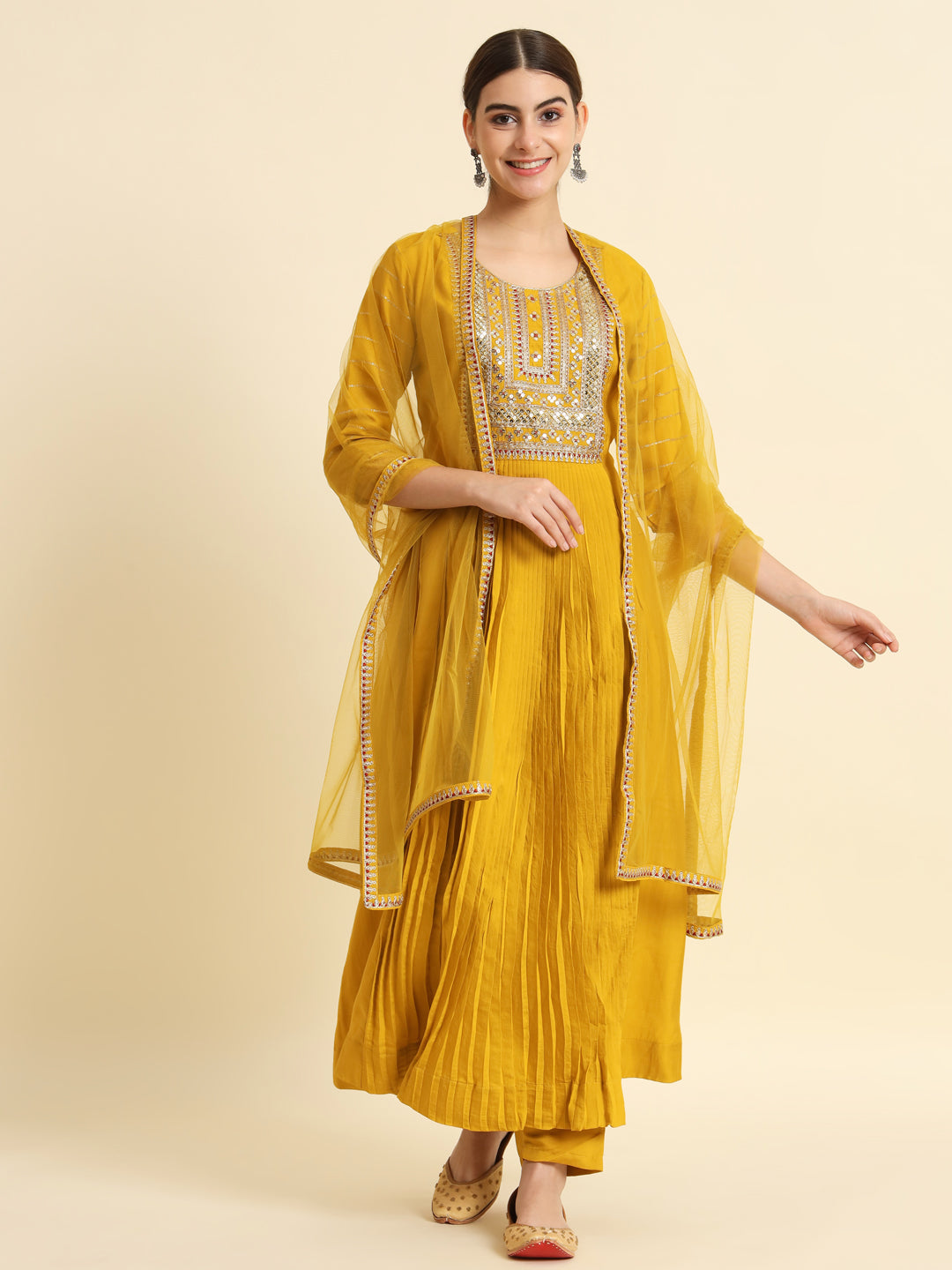 The52 Sequence Embroidered Plating Work Mustard Yellow Pure Chanderi Silk Flare Kurta With Pant & Dupatta Set - Distacart