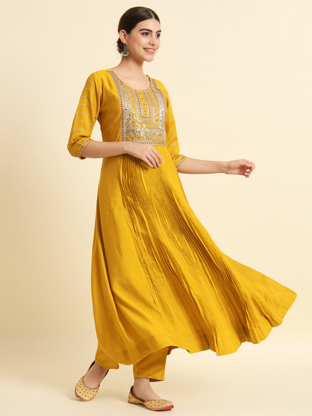 The52 Sequence Embroidered Plating Work Mustard Yellow Pure Chanderi Silk Flare Kurta With Pant & Dupatta Set - Distacart