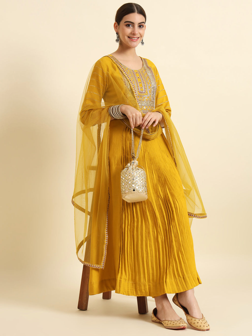 The52 Sequence Embroidered Plating Work Mustard Yellow Pure Chanderi Silk Flare Kurta With Pant & Dupatta Set - Distacart