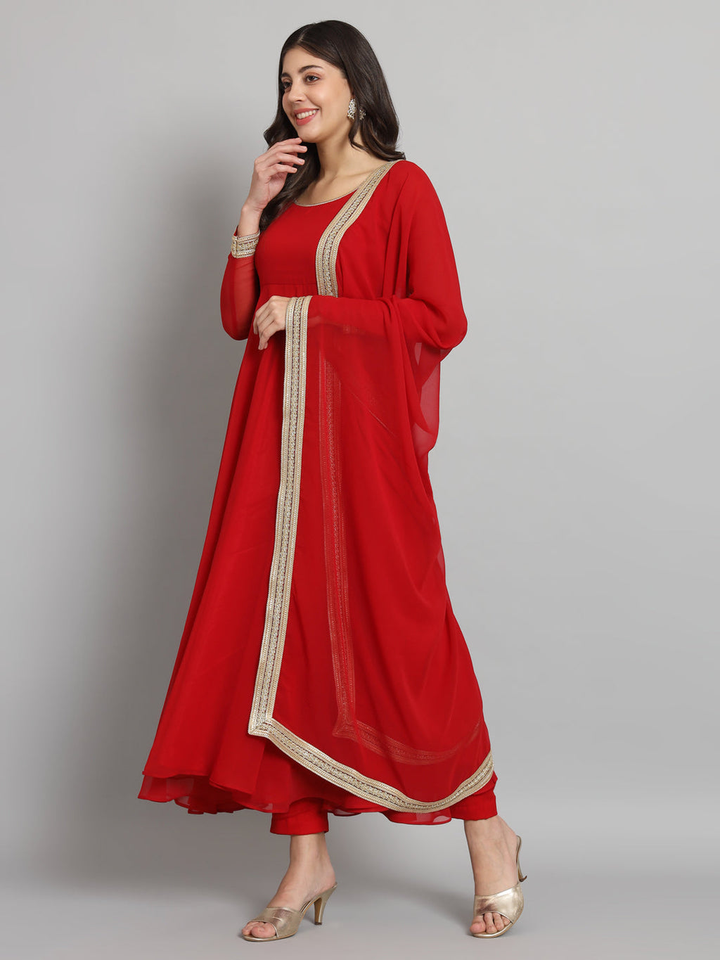 Fab Fashion Cherry Red Georgette Gota Anarkali Set