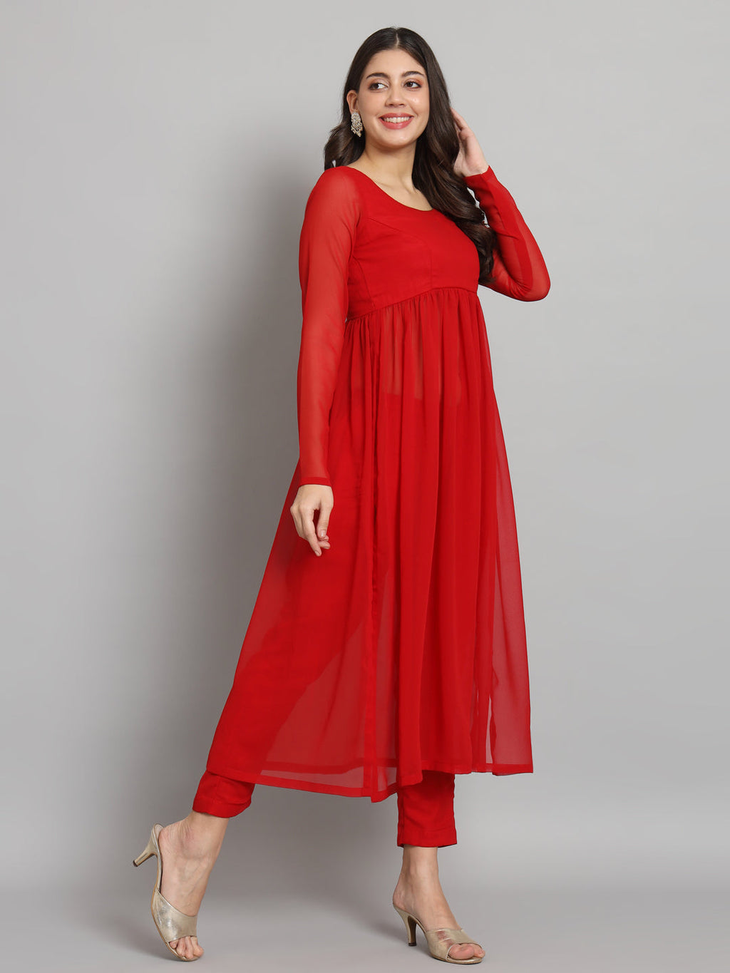 Fab Fashion Cherry Red Georgette Side Slit Set
