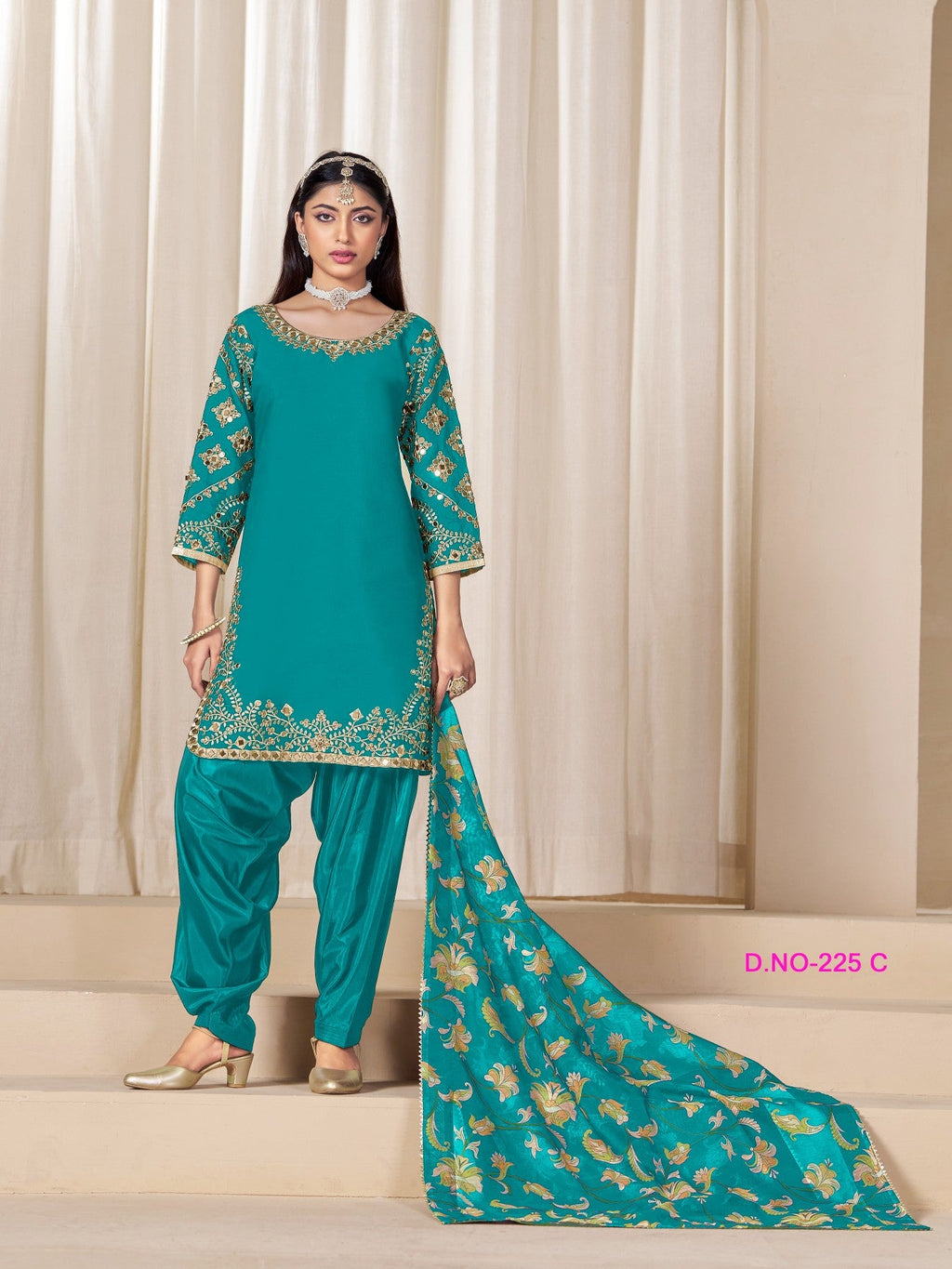 Anaita Teal-Blue Premium Embroidered Roman Silk Salwar Suit - Distacart