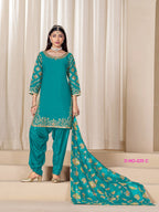 Anaita Teal-Blue Premium Embroidered Roman Silk Salwar Suit - Distacart