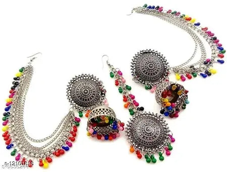 Tehzeeb Creations Women's Multi Colour Beads Earring With Ear Chain